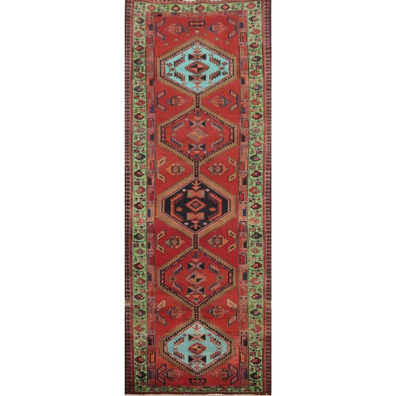 Hand Knotted Oriental 100% Wool Carpet Traditional Geometric Oranges & Rust Ardebil Runner Rug - 10' 7'' X 3' 3''