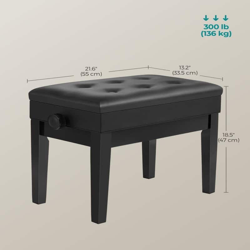 Adjustable Height Black Faux Leather Piano Bench with Storage Compartment and Solid Wood Legs - 13.2"D x 21.6"W x 18.5"H-21.7"H