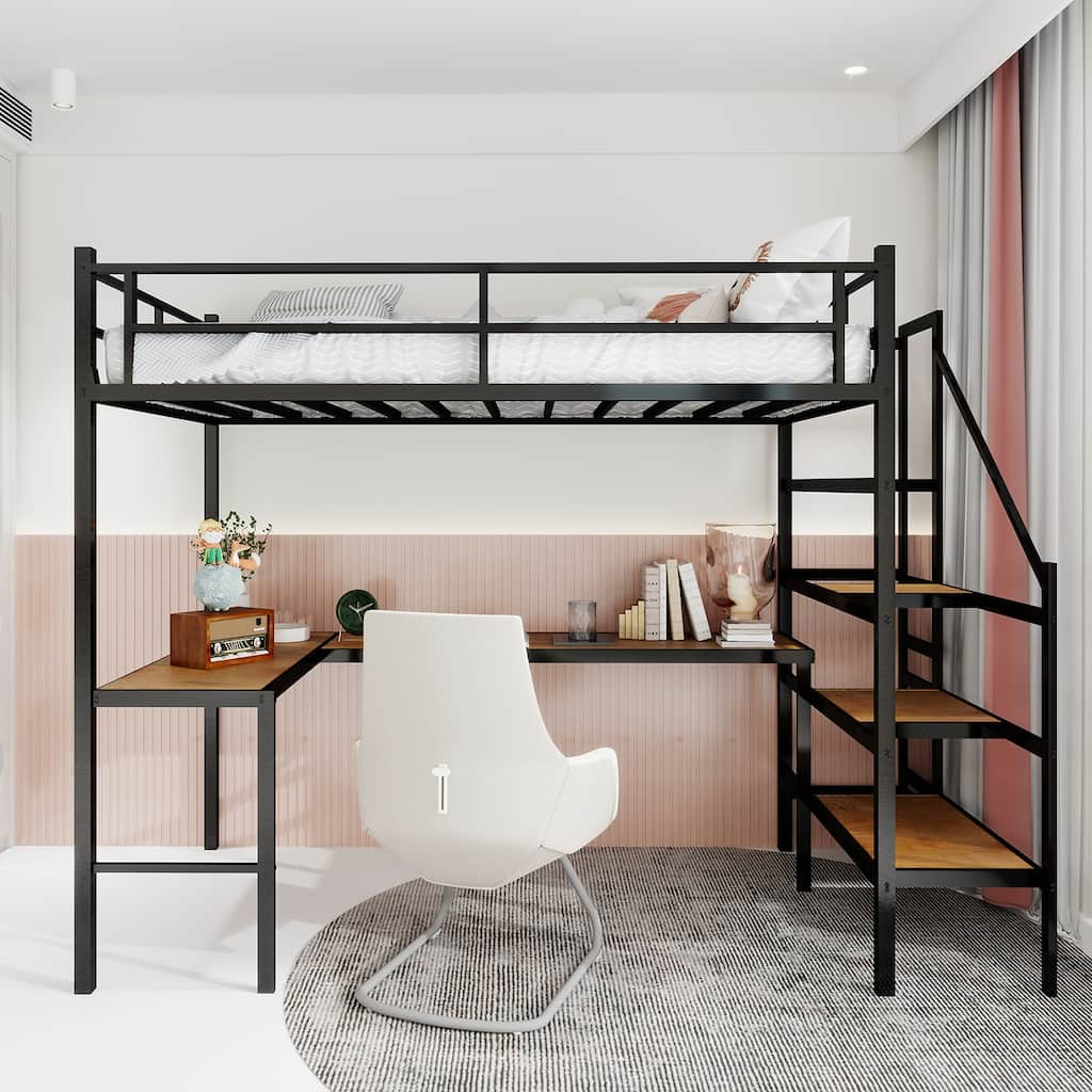 Space-Saving Loft Bed with L-Shaped Desk, Storage & Safety Railings for Compact Rooms