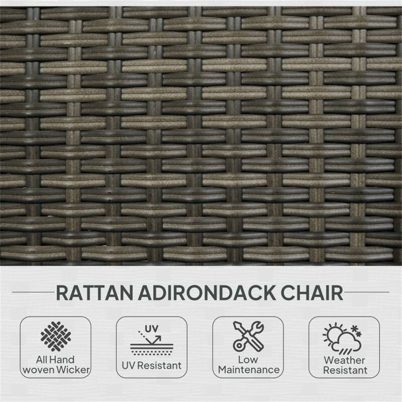 Grey Wicker Rattan Adirondack Chair with Cushion, Armrest and Curved Back - 25.2" W x 31.5" D x 35.5" H