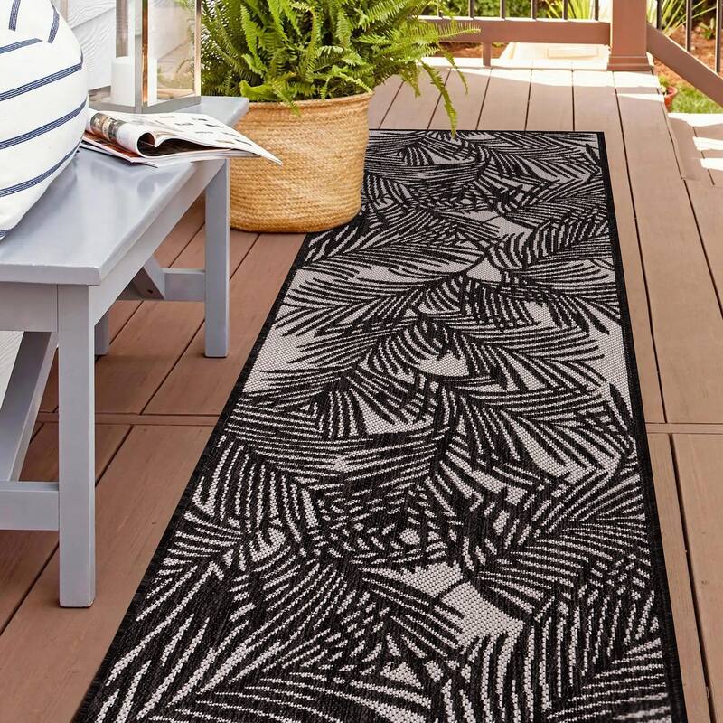 World Rug Gallery Contemporary Palm Leaf Textured Flat Weave Indoor/Outdoor Area Rug - 2'x7' Runner - Black