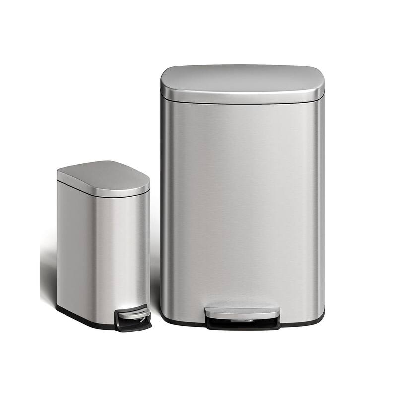 13.2 Gallon and 2.6 Gallon Stainless Steel Trash Can Combo Set with Removable Inner Drum for Kitchen, Bathroom, Office - Silver
