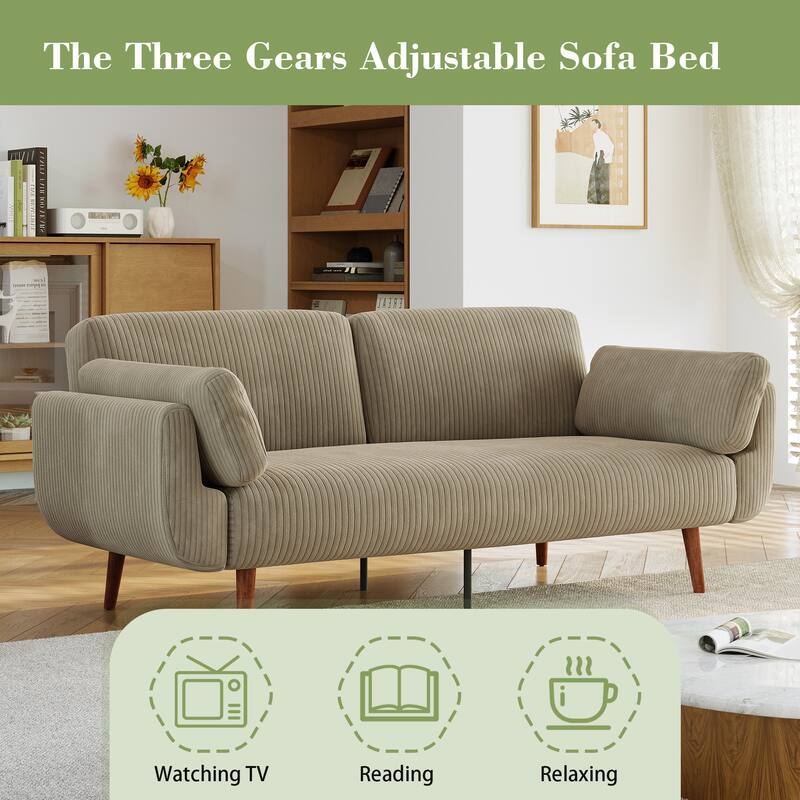 73" W Upholstered Corduroy Convertible Sleeper Sofa Bed with Pillows