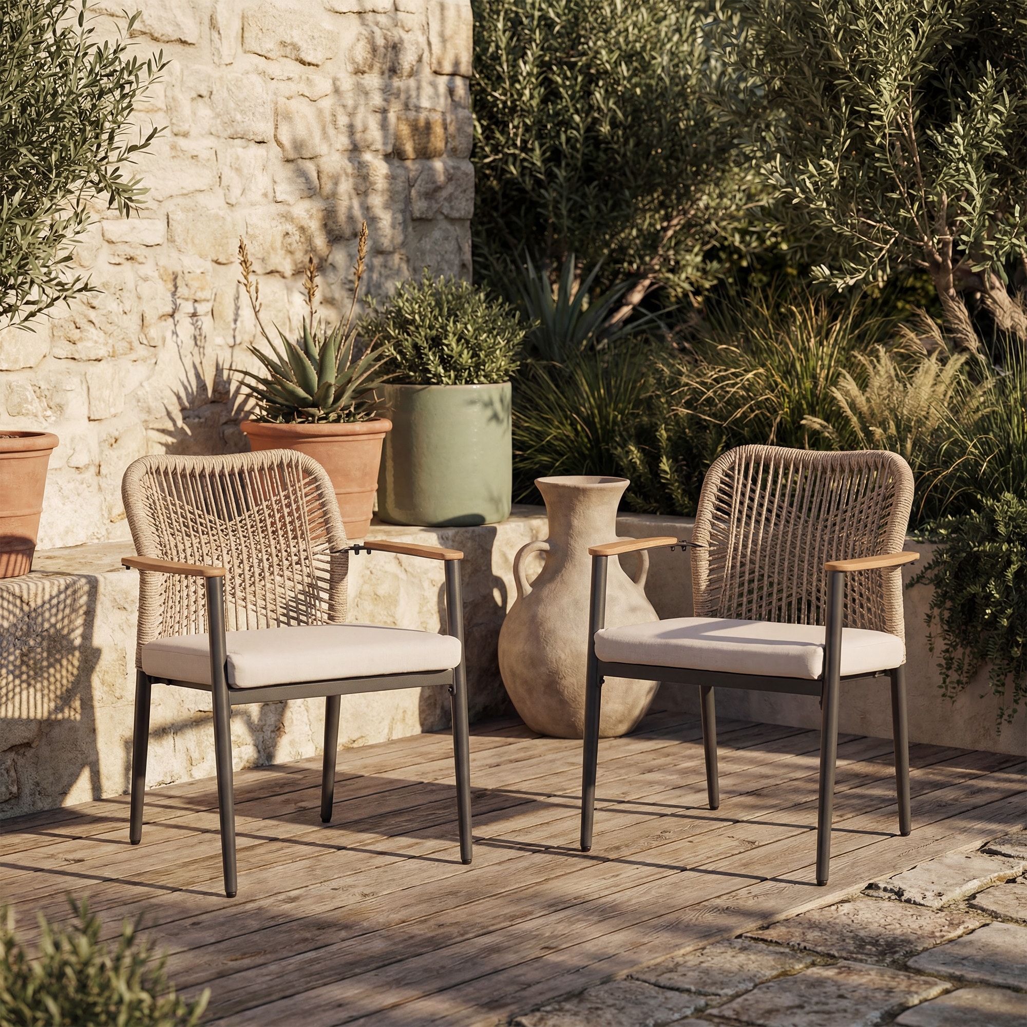 Outdoor Wicker Dining Chairs Set, Stackable Patio Armchairs with Cushions, Iron Frame & Weather-Resistant PE Rattan Backrest