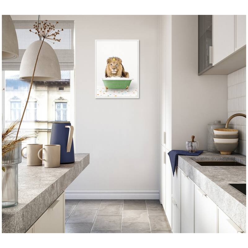 Kate and Laurel Sylvie Lion in Green Bathtub on Colored Tile Framed Canvas by Amy Peterson