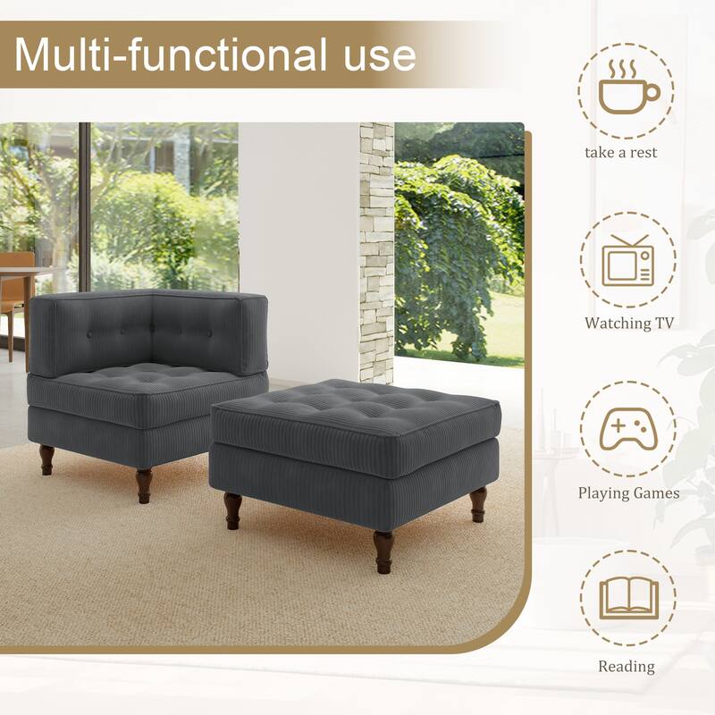 Corduroy Tufted Accent Chair Armchair and Ottoman Set