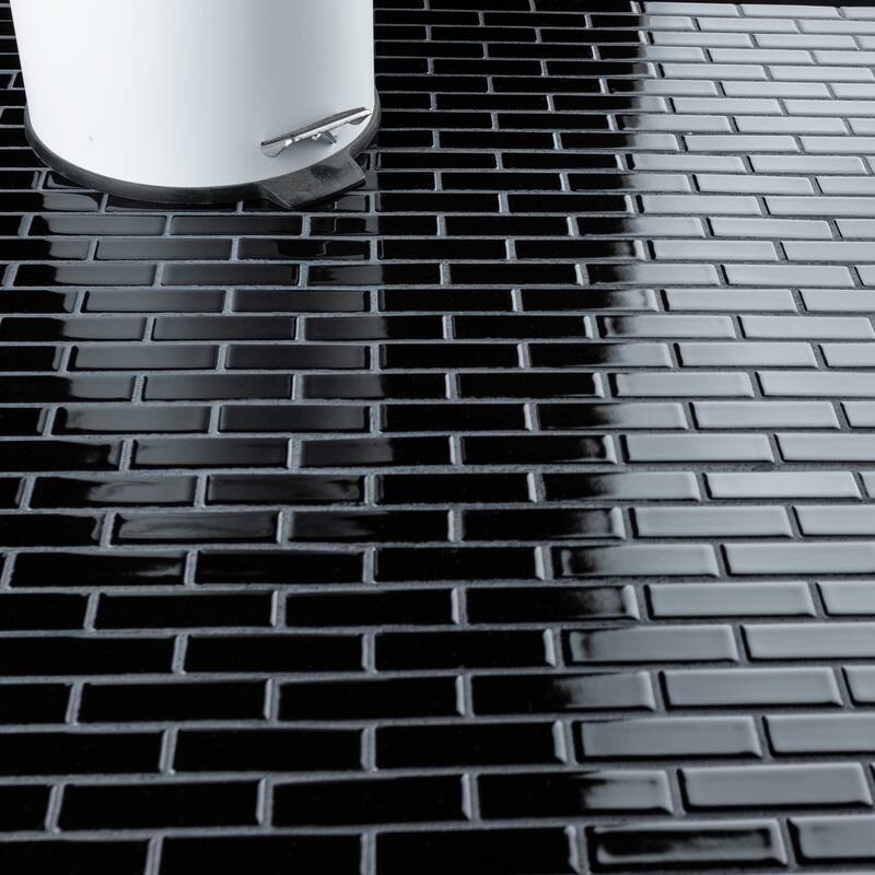 Merola Tile Metro Brick Subway Glossy Black 11-1/2" x 11-3/4" Porcelain Mosaic Floor and Wall Tile