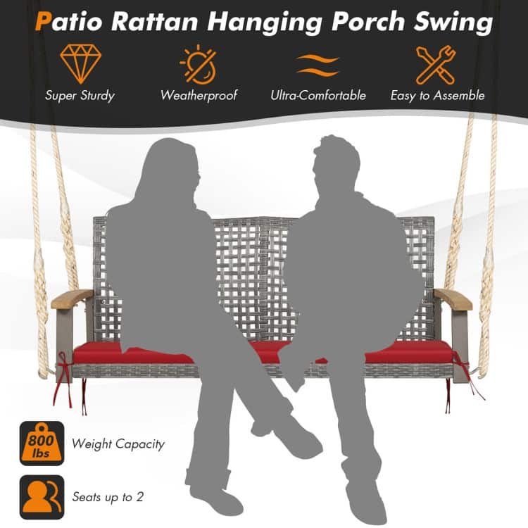 2-Person Patio Wicker Hanging Swing Chair - 55" x 27" x 21.5" (L x W x H)