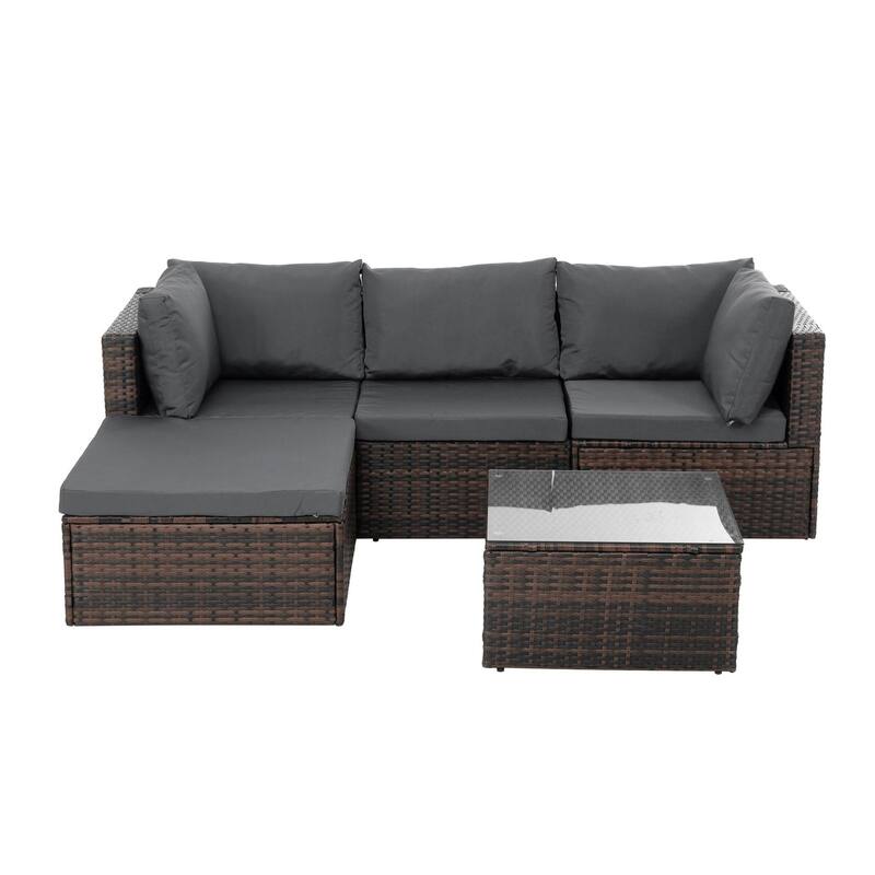 5-Piece PE Rattan Wicker Patio Conversation Set with Cushions