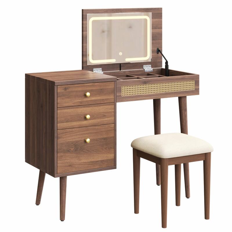 39" Retro Bohemian Style Vanity Desk with Mirror & LED Lights, Flip-Top Dressing Table with 3 Drawers, 10 Compartments
