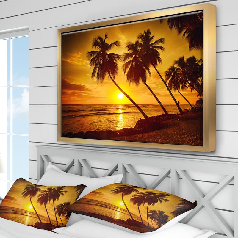 Designart "Beach Sunset in Island Barbados" Modern Seascape Framed Canvas Artwork Print