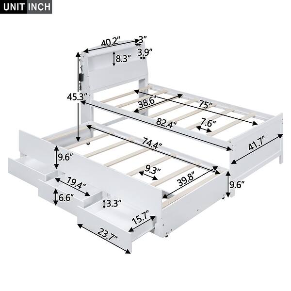 Twin Platform Bed with LED Headboard, Trundle, and 3-Storage Drawers, White