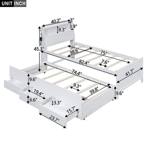 Twin Size Solid Pine Wood Platform Kids Bed Frame with LED Storage Headboard, Twin Size Trundle, 3-Drawers and Shelves, White