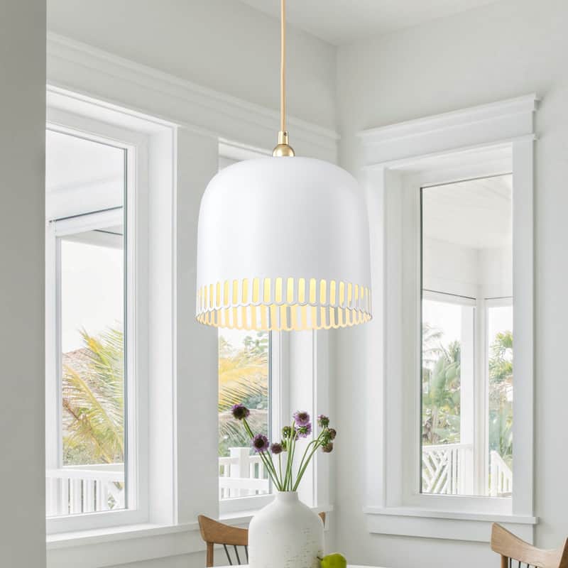 Modern 2-in-1 Dome Pendant or Flush Mount Light Openwork Iron Shade - Dia.9-in