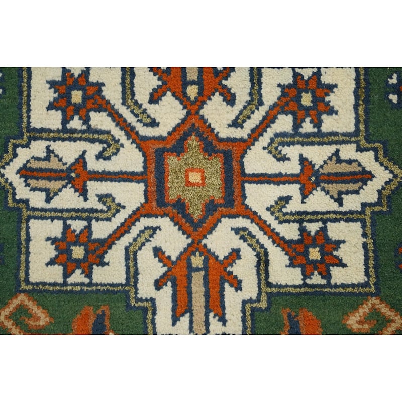 Hand Knotted Oriental 100% Wool Carpet Traditional Geometric Green Kazak Runner Rug - 7' 11'' X 2' 6''