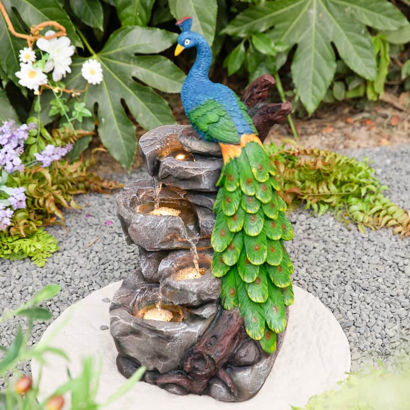 Glitzhome 20.5"H 4-Tierd Lighted Peacock Stacked Stones Polyresin Outdoor Floor Fountain