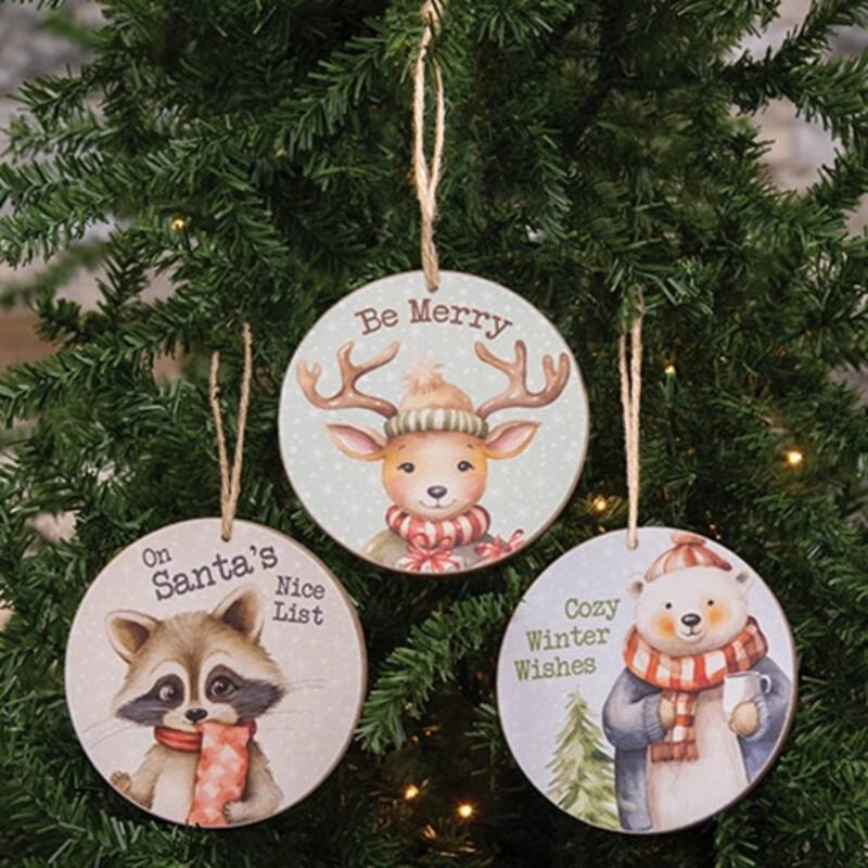 Cozy Winter Animal Ornaments Wooden Christmas Decorations with Jute Hangers 3 Asstd. - 4" H x 4" W x .25" D