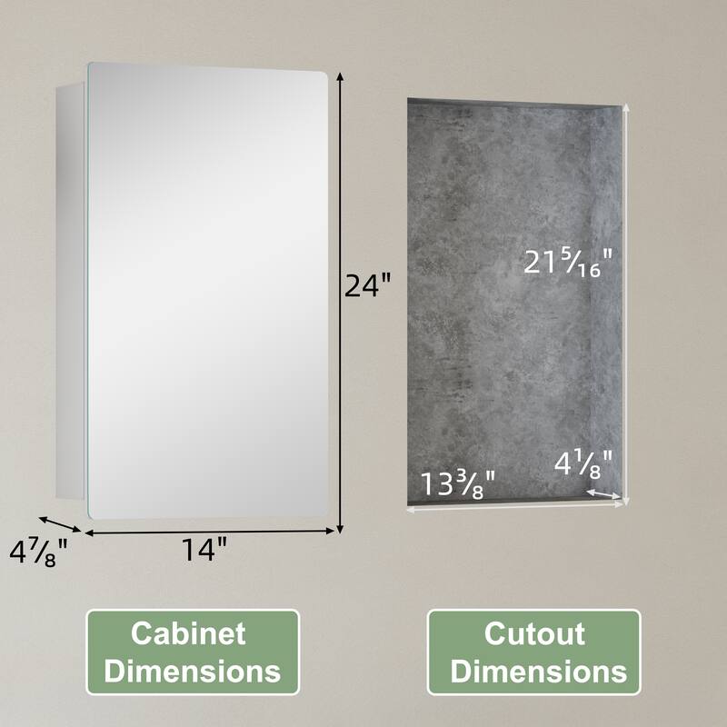 Mira Rectangular Frameless Medicine Cabinet with Mirror, Sliding Adjustable Glass Shelves, Reversible Door