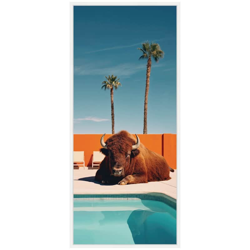 Kate and Laurel Sylvie Bison Chilling by the Pool in California Framed Canvas by Michael Schauer