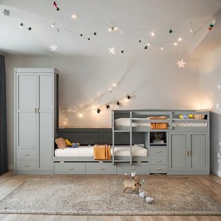 Twin Wooden Bunk Bed with Trundle, Cabinet, Wardrobe, Desk and Drawers,Displaced Bunk Bed