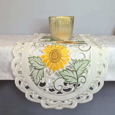 Sunflower Embroidered Cutwork Rectangular Table Runner, 14 by 28 inch