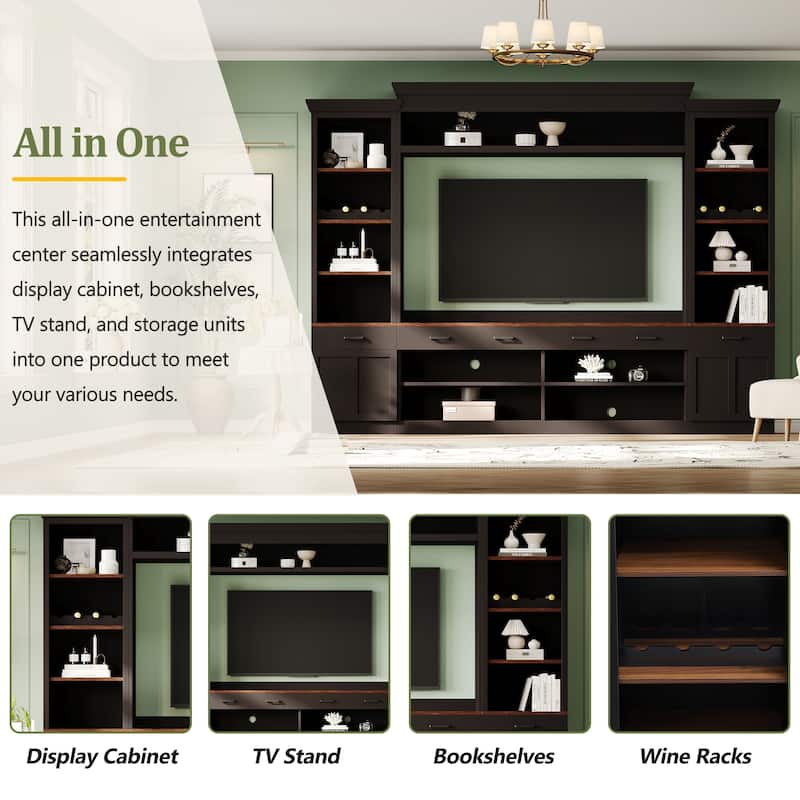 108.2" Media Wall Unit - Two-Tone Walnut/Black, Wine Racks and 4 Cable Holes