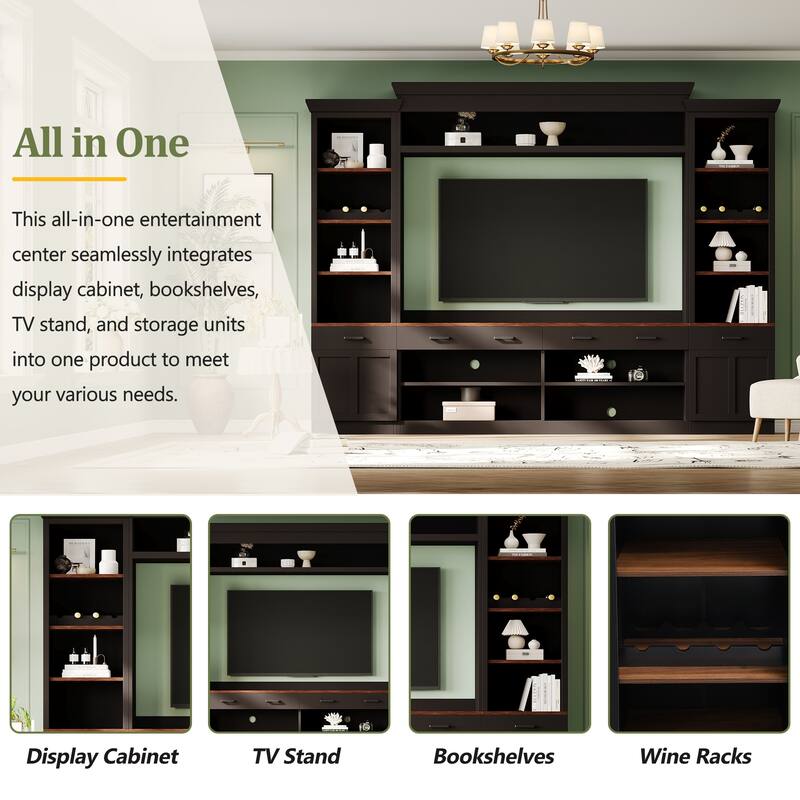 Entertainment Wall Unit Set with Bookshelf for TVs Up to 70", Mid-Century Media Console TV Stand with Adjustable Shelves