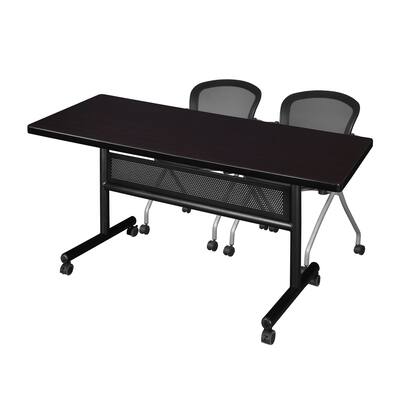 60" x 30" Flip Top Mobile Training Table with Modesty Panel- Mocha Walnut and 2 Cadence Nesting Chairs