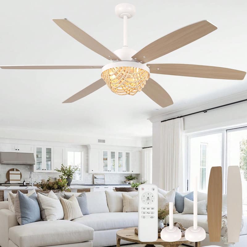 Cusp Barn 65" Boho White Ceiling Fan with Light and Remote, Farmhouse 6-Speed Wood Beaded Chandelier Ceiling Fan for Large Room - White