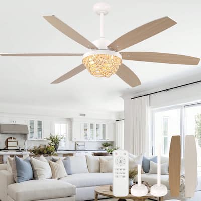 Cusp Barn 65" Boho White Ceiling Fan with Light and Remote, Farmhouse 6-Speed Wood Beaded Chandelier Ceiling Fan for Large Room