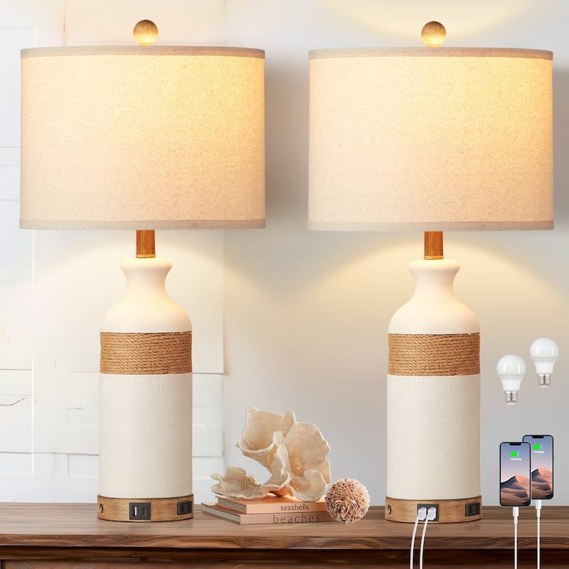 Table Lamp White Resin Touch Dimming Switch USB and Type C Charging Ports AC Outlet No Strobe (Set of 2) - 12.5'' x 12.5'' x 26'' (L x W x H) - White