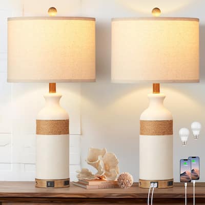 Table Lamp White Resin Touch Dimming Switch USB and Type C Charging Ports AC Outlet No Strobe (Set of 2)