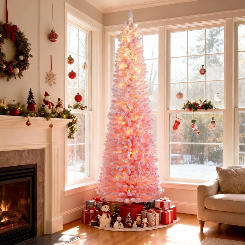 Gymax Pre-Lit Christmas Tree Slim Pencil Xmas Tree w/ Snow Flocked PVC - 7 Foot