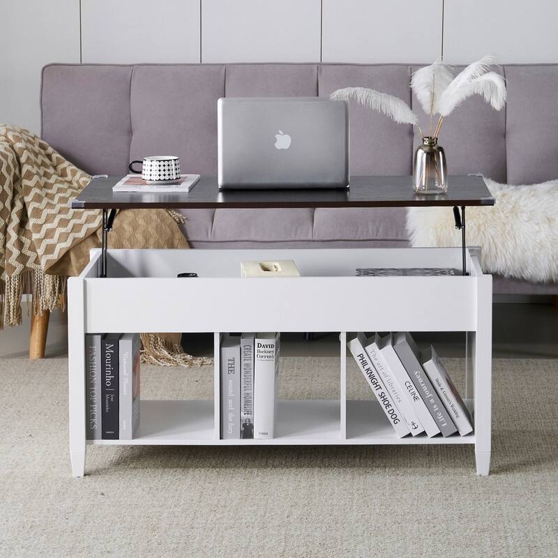 VINGLI Adjustable Solid Wood Leg Double-Layer White Frame Rectangular P2 Board Coffee Table