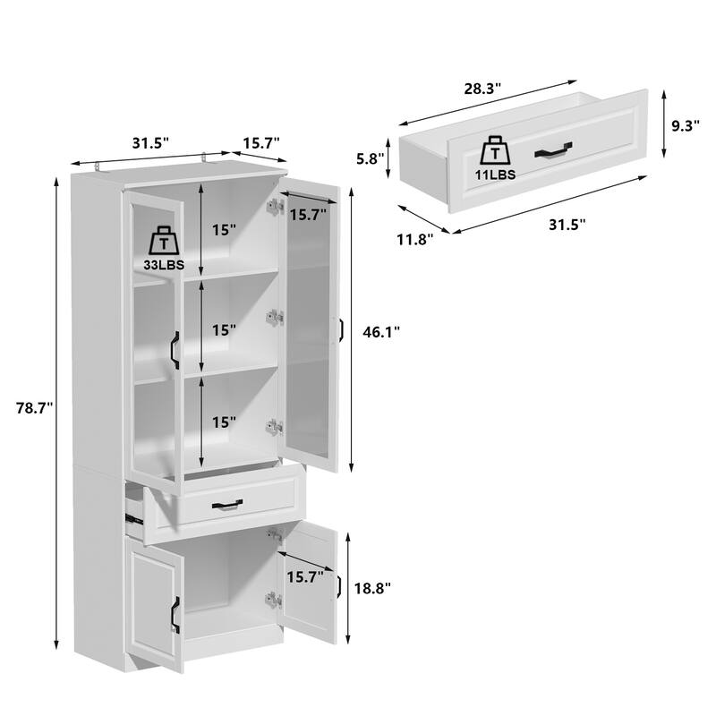 78.7"Modular White Curio Bookcase Cabinet w/Glass Doors Buffet Display