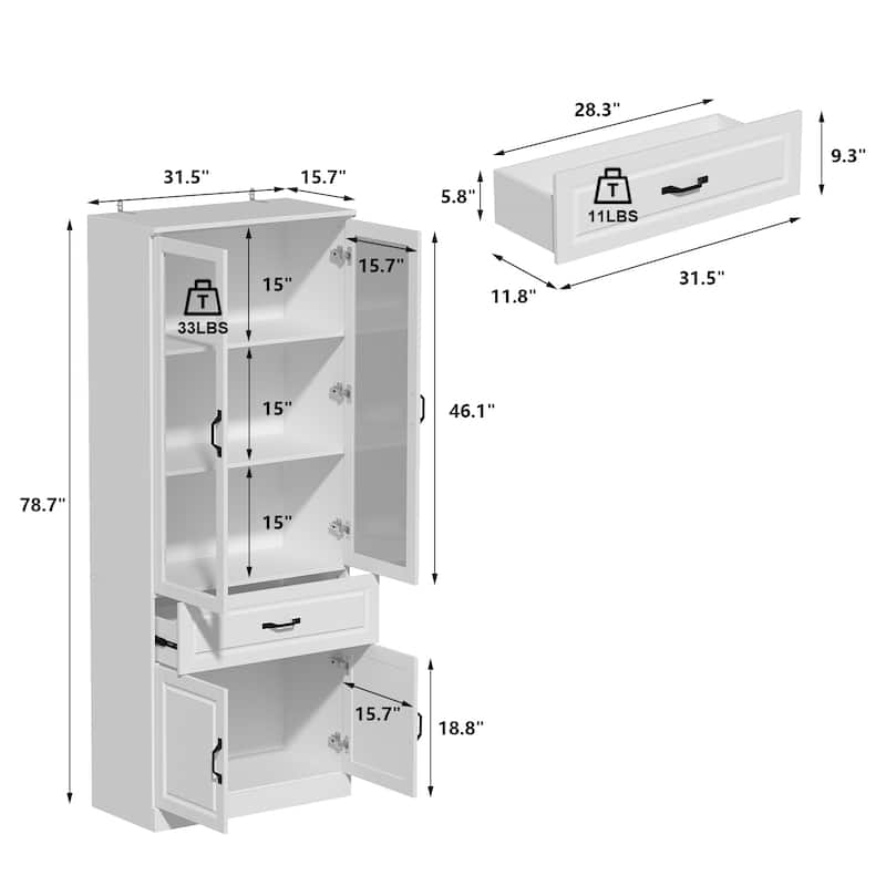 Large White Buffet Elegant Kitchen Cabinet with Glass Doors Dislplay