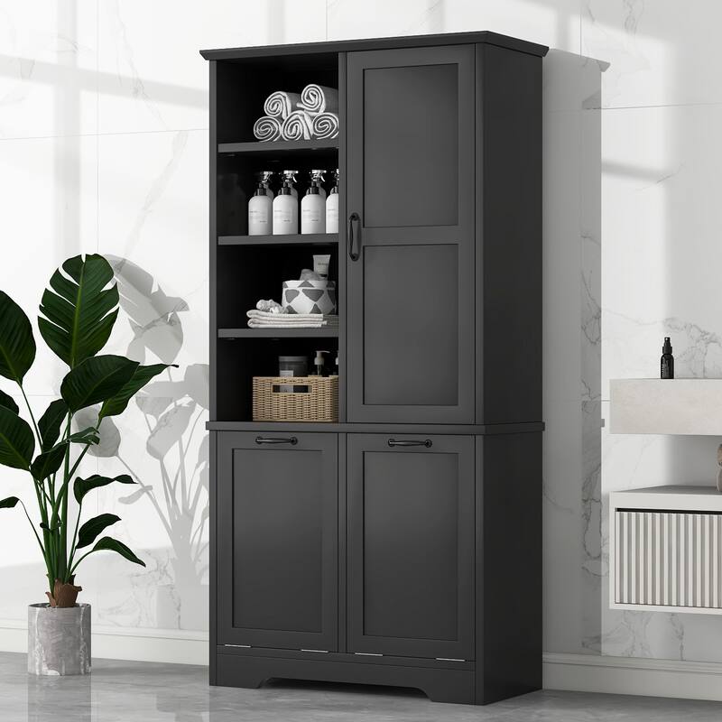 Roomfitters 68" Tall Bathroom Storage Cabinet with Dual Tilt-Out Laundry Hampers - Black