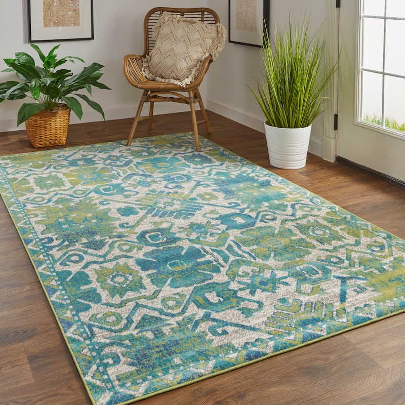 Hurst Modern Style Oriental Transitional Area Rug - 7'-10" x 11' - Natural Tan/Capri Breeze Blue/Dark Citron Green