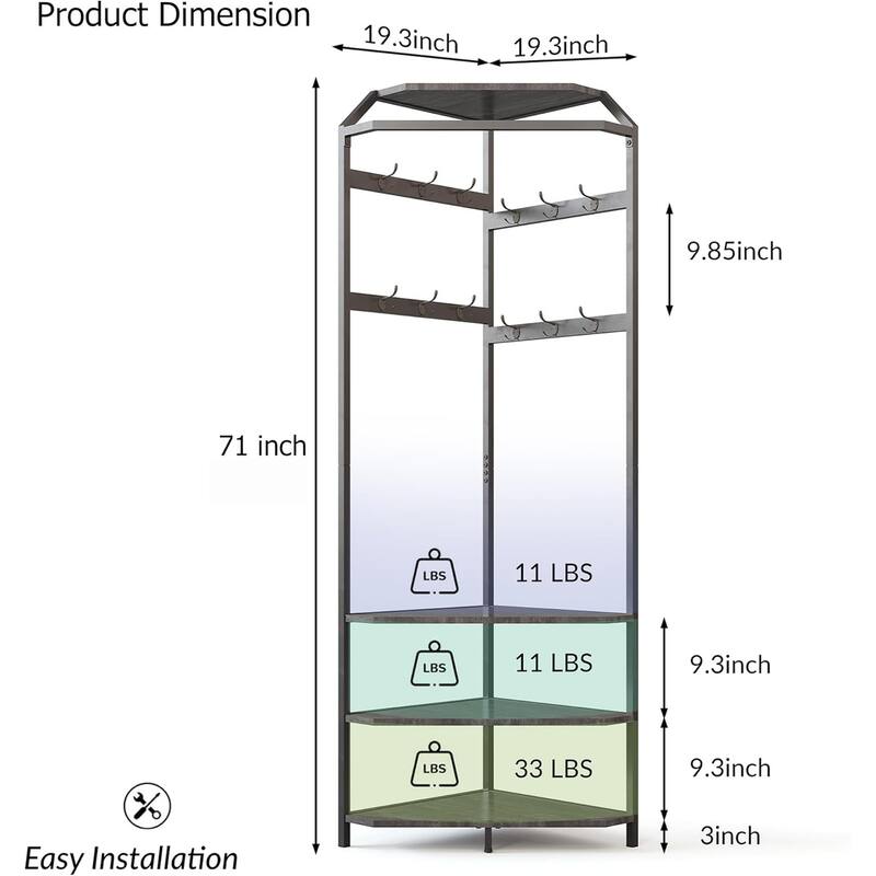 Corner Coat Rack With Shoe Bench Entryway, Corner Hall Tree With 6 Double Hooks