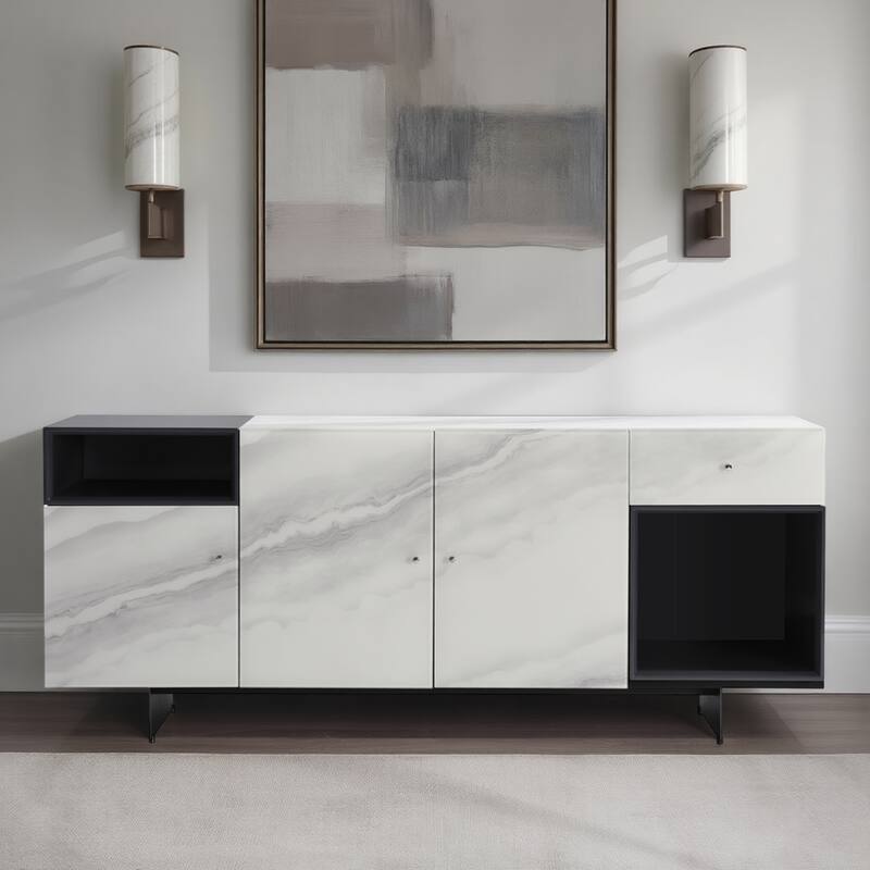 Olivia Modern 8-Piece Dining Set with Tempered Glass Table, Upholstered Armchairs, and 3-Door Sideboard