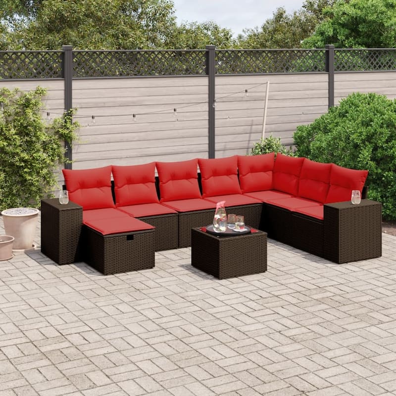 vidaXL Patio Sofa Set with Cushions Outdoor Conversation Furniture Poly Rattan - 24.4" x 24.4" x 27.2" - Brown with table