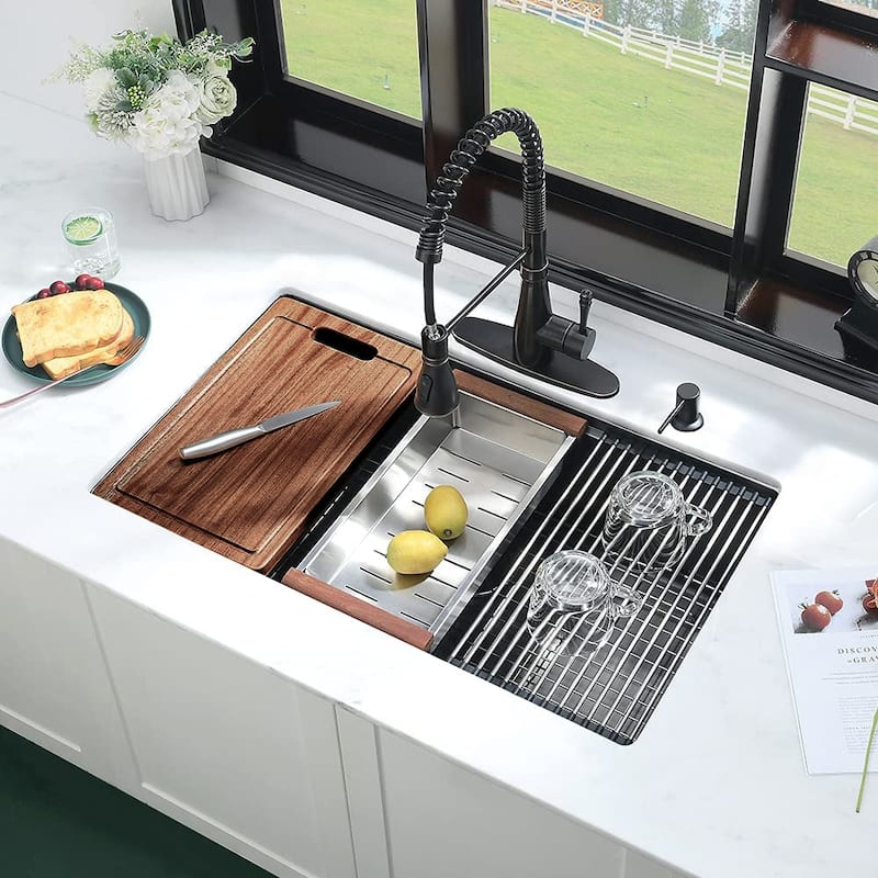32" x 19" Black Stainless Steel Single Bowl Undermount Kitchen Sink With WorkStation - 32 x19
