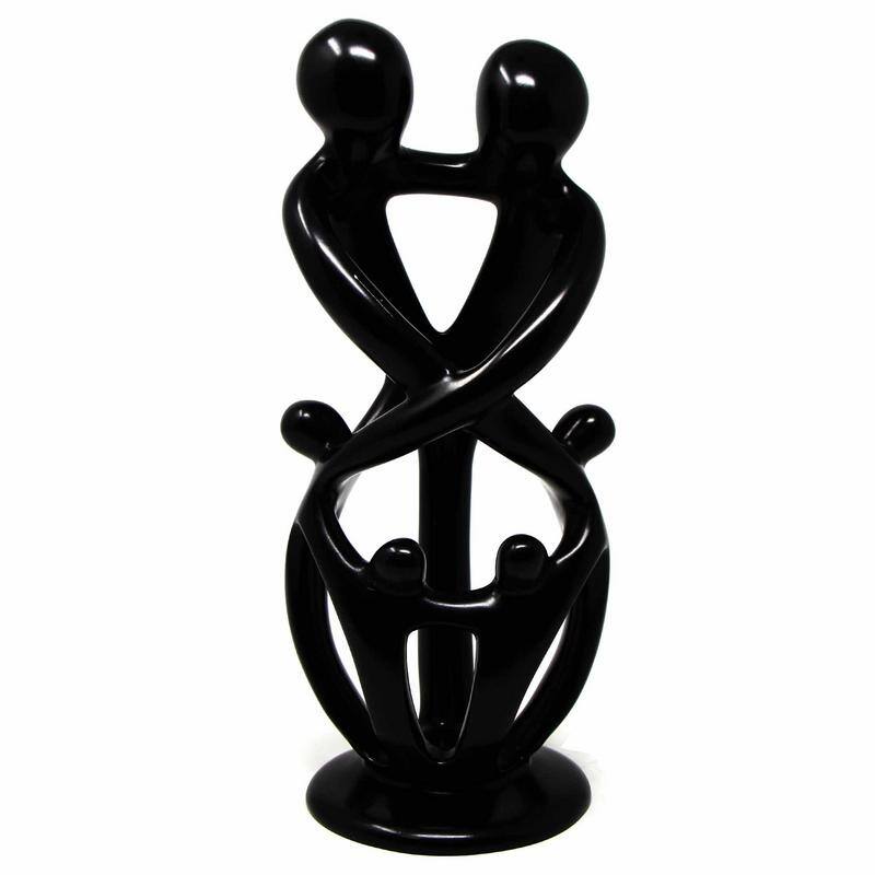 Handmade Soapstone Family Sculpture, Black Finish - 10-inch, 2 Parent, 4 Children