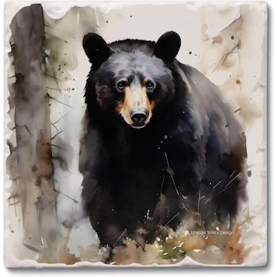 Forest Black Bear 4 Pack Tumbled Tile Stone Coaster with Protective Cork Backing Made in The USA 4" Square