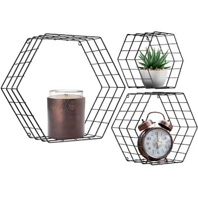 Metal Wire Hexagon Design Wall Mounted Floating Shelves, Set of 3