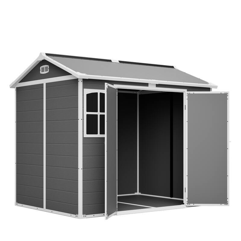GDFStudio - Large Plastic Utility Shed with Floor & Lockable Doors for Easy Access, Storage for Garden Tools & Trash Bins
