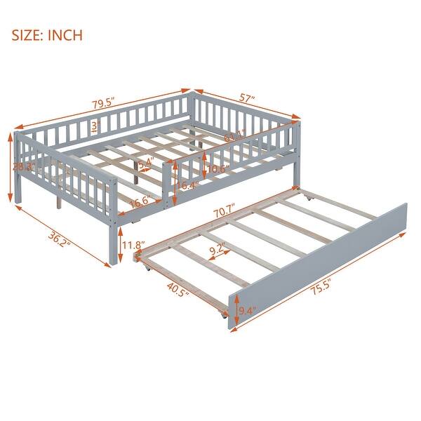 Full Pine Wood Daybed with Trundle & Fence Guardrails, Gray Bed Bath