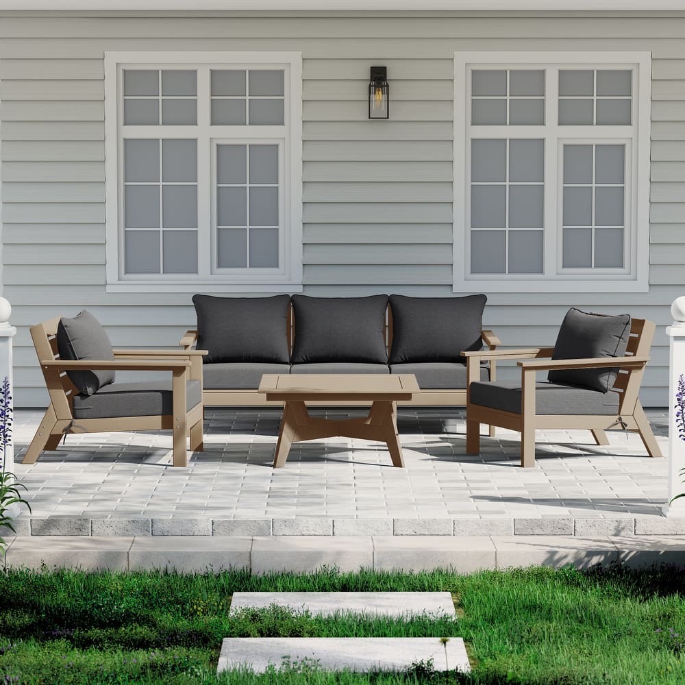 Birchwood All Weather HDPE Outdoor Patio Weathered Wood Deep Conversation Set (6-Piece Set)