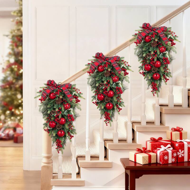 Glitzhome Christmas Berry Bow Pinecone Bell Holy Leaf Teardrop Swag Xmas Wreath
