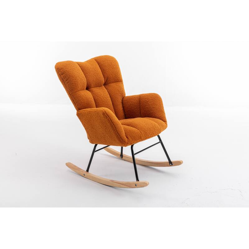 Teddy Fabric Upholstered Glider Rocker, Reading Chair with Thick Padded Seat, High Backrest Armchair with Wooden Legs